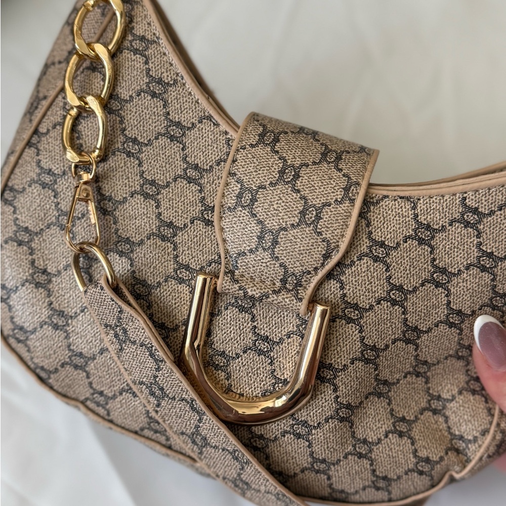 Designer-Style Beige Monogram Shoulder Bag with Gold Hardware faux leather